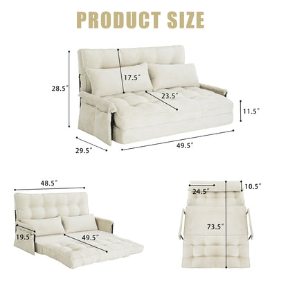 Beige Corduroy Foldable Floor Sofa, 5‑Position Adjustable Double Sleeper Couch with Side Pocket for Bedroom Reading