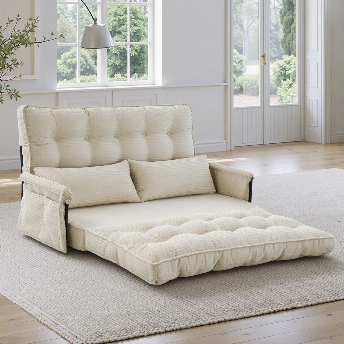 Beige Corduroy Foldable Floor Sofa, 5‑Position Adjustable Double Sleeper Couch with Side Pocket for Bedroom Reading