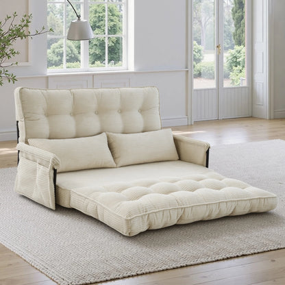 Beige Corduroy Foldable Floor Sofa, 5‑Position Adjustable Double Sleeper Couch with Side Pocket for Bedroom Reading