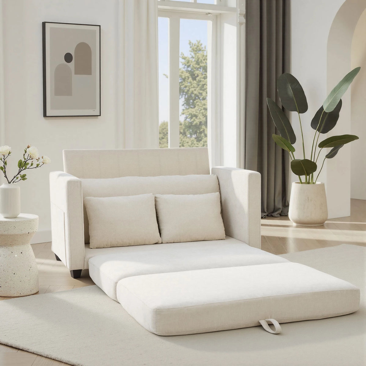 Beige Small Space 2‑in‑1 Loveseat Sleeper Sofa, Pull‑Out Fabric Sofa Bed, Vacuum Compressed No Assembly Couch with Sturdy Solid Wood Frame