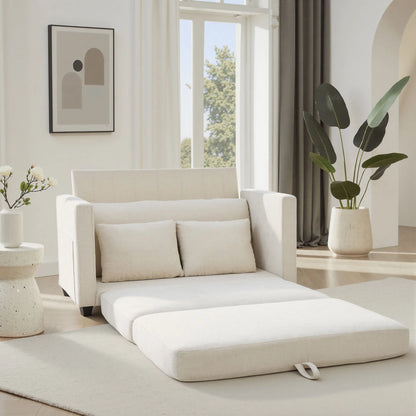Beige Small Space 2‑in‑1 Loveseat Sleeper Sofa, Pull‑Out Fabric Sofa Bed, Vacuum Compressed No Assembly Couch with Sturdy Solid Wood Frame