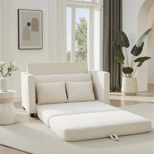 Beige Small Space 2‑in‑1 Loveseat Sleeper Sofa, Pull‑Out Fabric Sofa Bed, Vacuum Compressed No Assembly Couch with Sturdy Solid Wood Frame