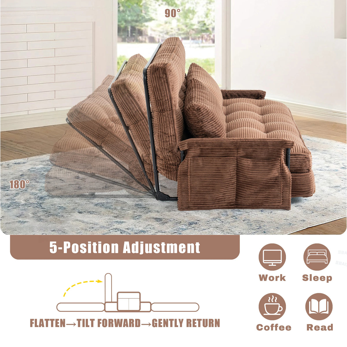 Foldable Floor Lounge Sofa Bed, Double 5‑Position Adjustable Corduroy Couch with Armrest Side Pocket