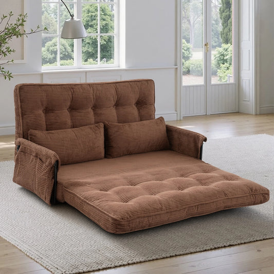 Foldable Floor Lounge Sofa Bed, Double 5‑Position Adjustable Corduroy Couch with Armrest Side Pocket