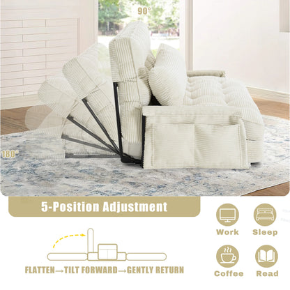 Beige Corduroy Foldable Floor Sofa, 5‑Position Adjustable Double Sleeper Couch with Side Pocket for Bedroom Reading