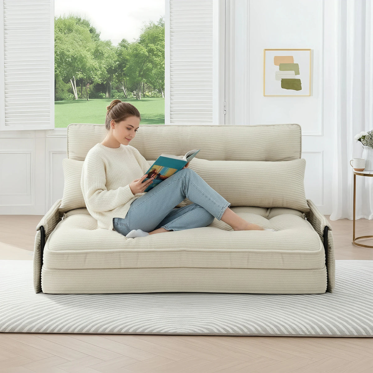 Beige Corduroy Foldable Floor Sofa, 5‑Position Adjustable Double Sleeper Couch with Side Pocket for Bedroom Reading