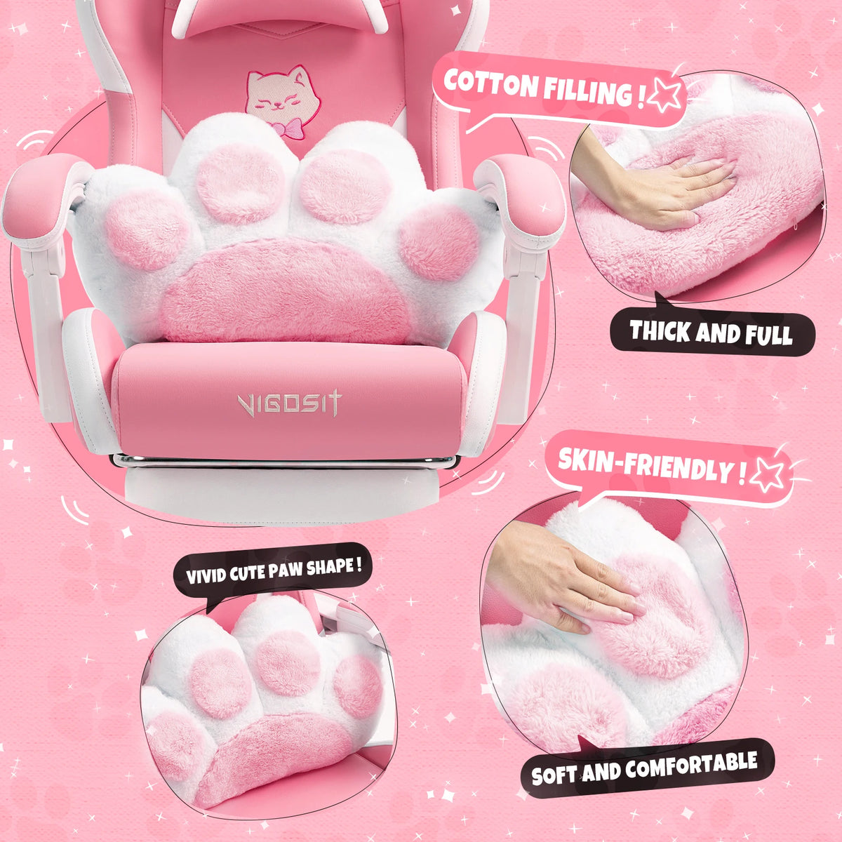 Ergonomic Computer Game Chair for Girls with Lumbar Support.  Gaming Chair with Cute Ears and Kawaii Pillow