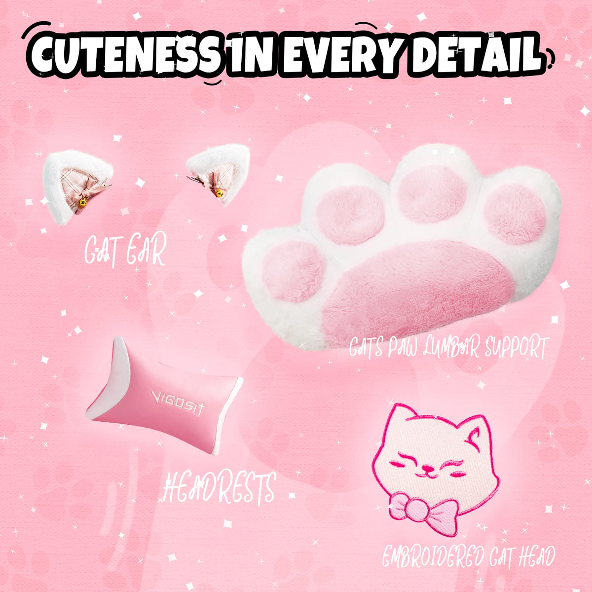 Ergonomic Computer Game Chair for Girls with Lumbar Support.  Gaming Chair with Cute Ears and Kawaii Pillow