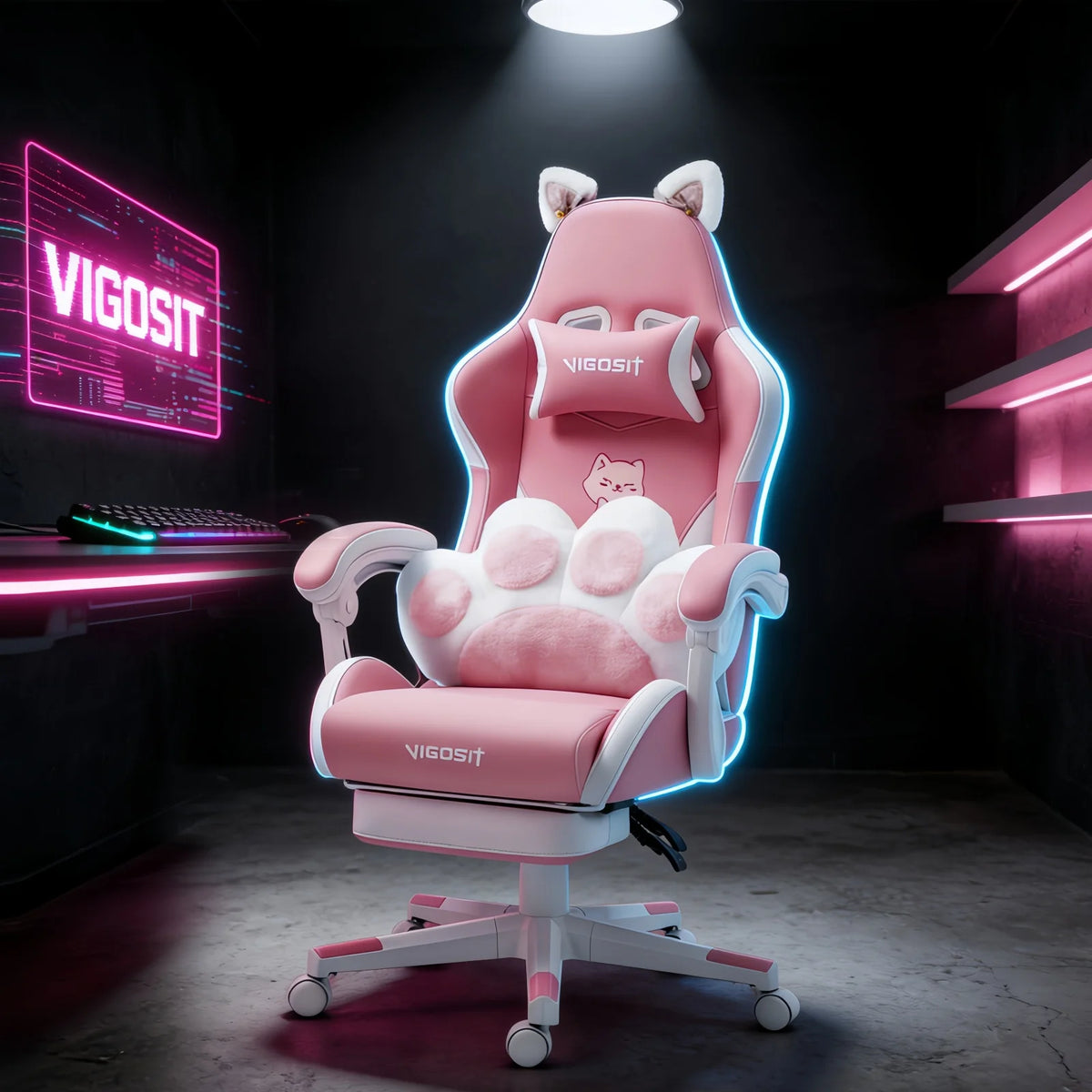 Ergonomic Computer Game Chair for Girls with Lumbar Support.  Gaming Chair with Cute Ears and Kawaii Pillow