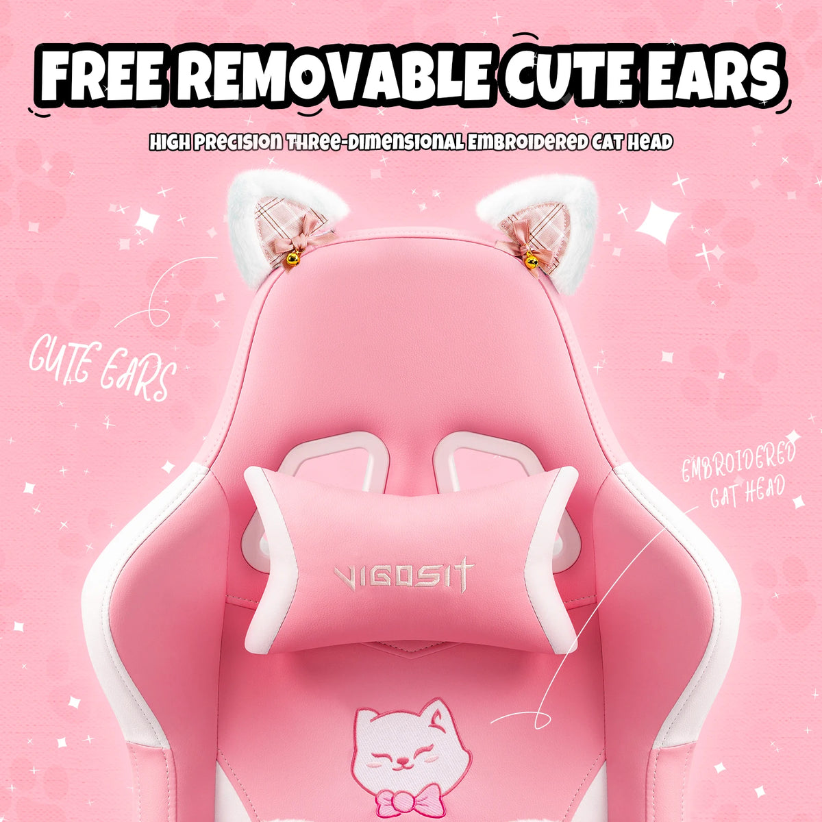 Ergonomic Computer Game Chair for Girls with Lumbar Support.  Gaming Chair with Cute Ears and Kawaii Pillow