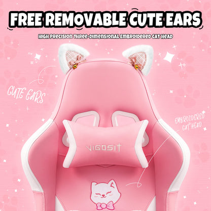 Ergonomic Computer Game Chair for Girls with Lumbar Support.  Gaming Chair with Cute Ears and Kawaii Pillow