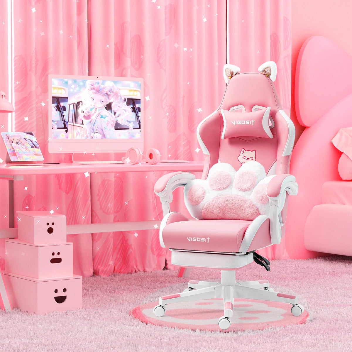 Ergonomic Computer Game Chair for Girls with Lumbar Support.  Gaming Chair with Cute Ears and Kawaii Pillow