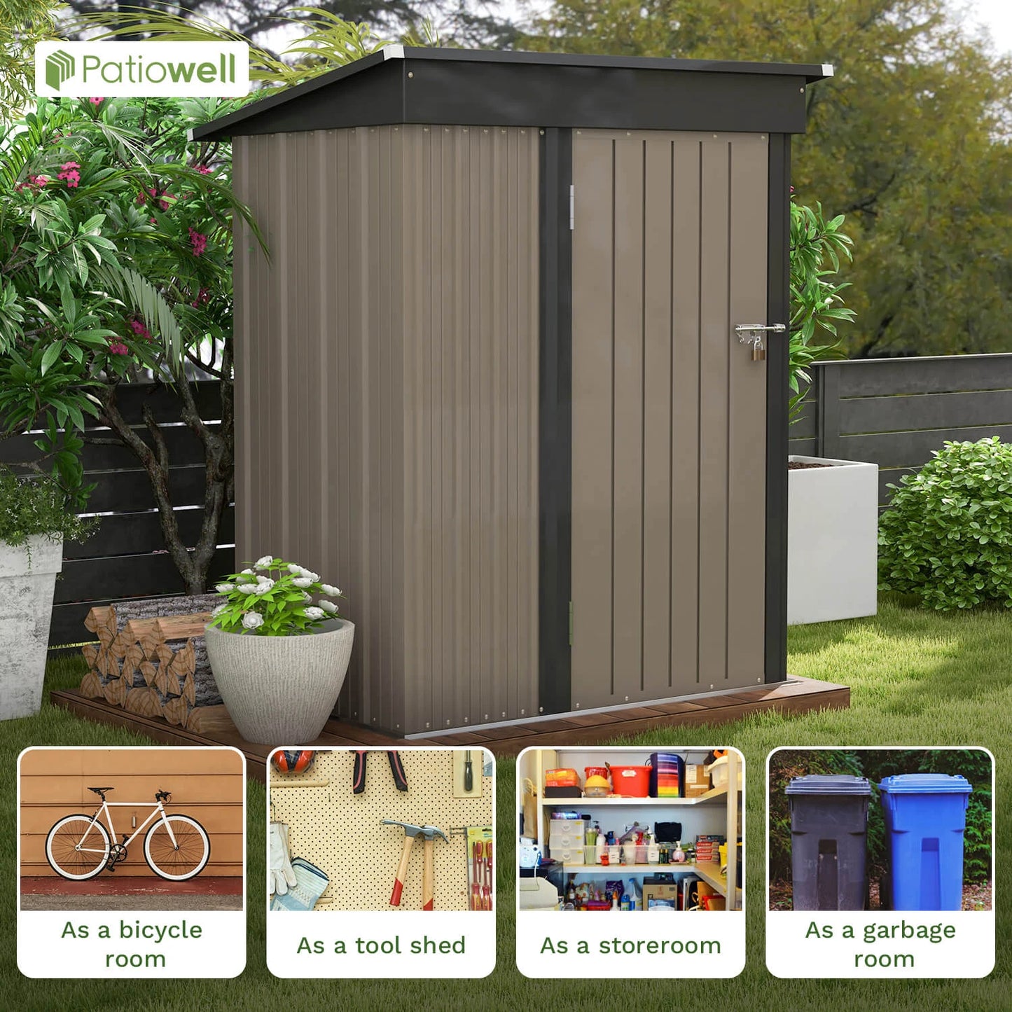 5x3 FT Outdoor Metal Tool Shed with Sloping Roof and Lockable Door