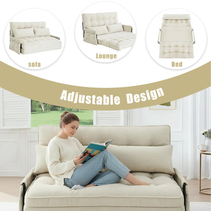 Beige Corduroy Foldable Floor Sofa, 5‑Position Adjustable Double Sleeper Couch with Side Pocket for Bedroom Reading