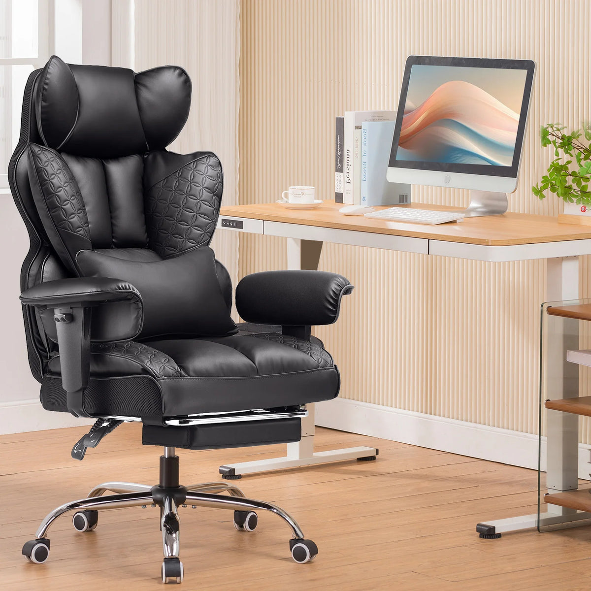 Ergonomic Leather High Back Office Chair Gaming Chair with Footrest, Adjustable Armrests