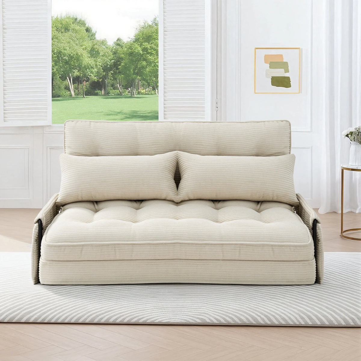 Beige Corduroy Foldable Floor Sofa, 5‑Position Adjustable Double Sleeper Couch with Side Pocket for Bedroom Reading