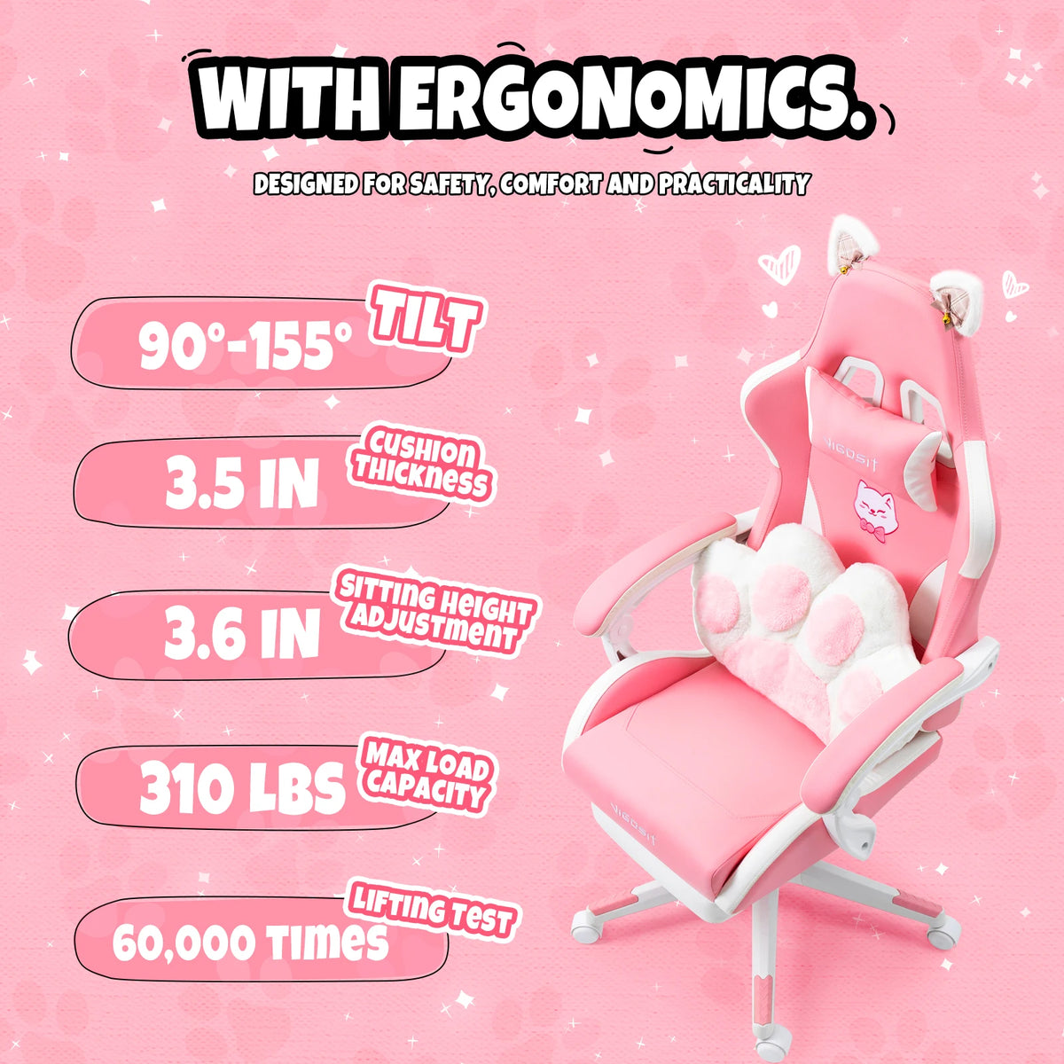 Ergonomic Computer Game Chair for Girls with Lumbar Support.  Gaming Chair with Cute Ears and Kawaii Pillow