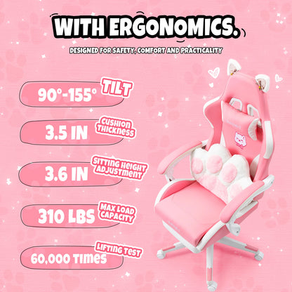 Ergonomic Computer Game Chair for Girls with Lumbar Support.  Gaming Chair with Cute Ears and Kawaii Pillow
