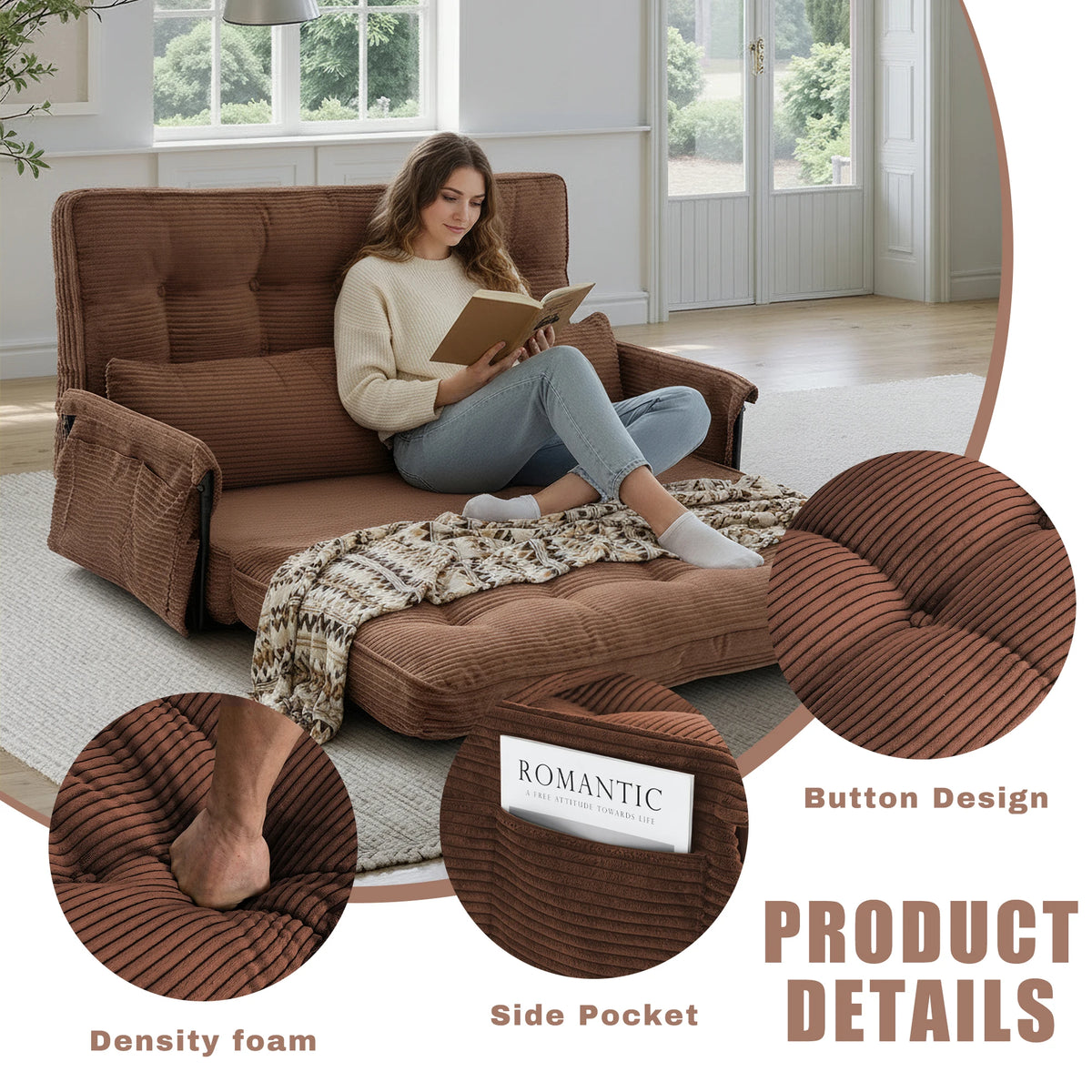 Foldable Floor Lounge Sofa Bed, Double 5‑Position Adjustable Corduroy Couch with Armrest Side Pocket