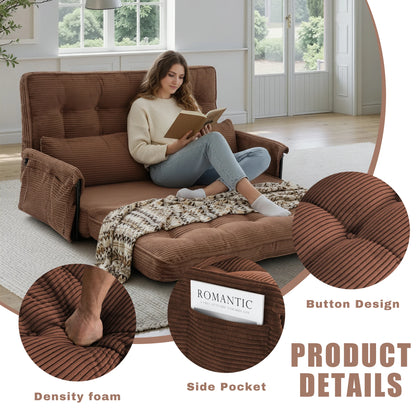 Foldable Floor Lounge Sofa Bed, Double 5‑Position Adjustable Corduroy Couch with Armrest Side Pocket