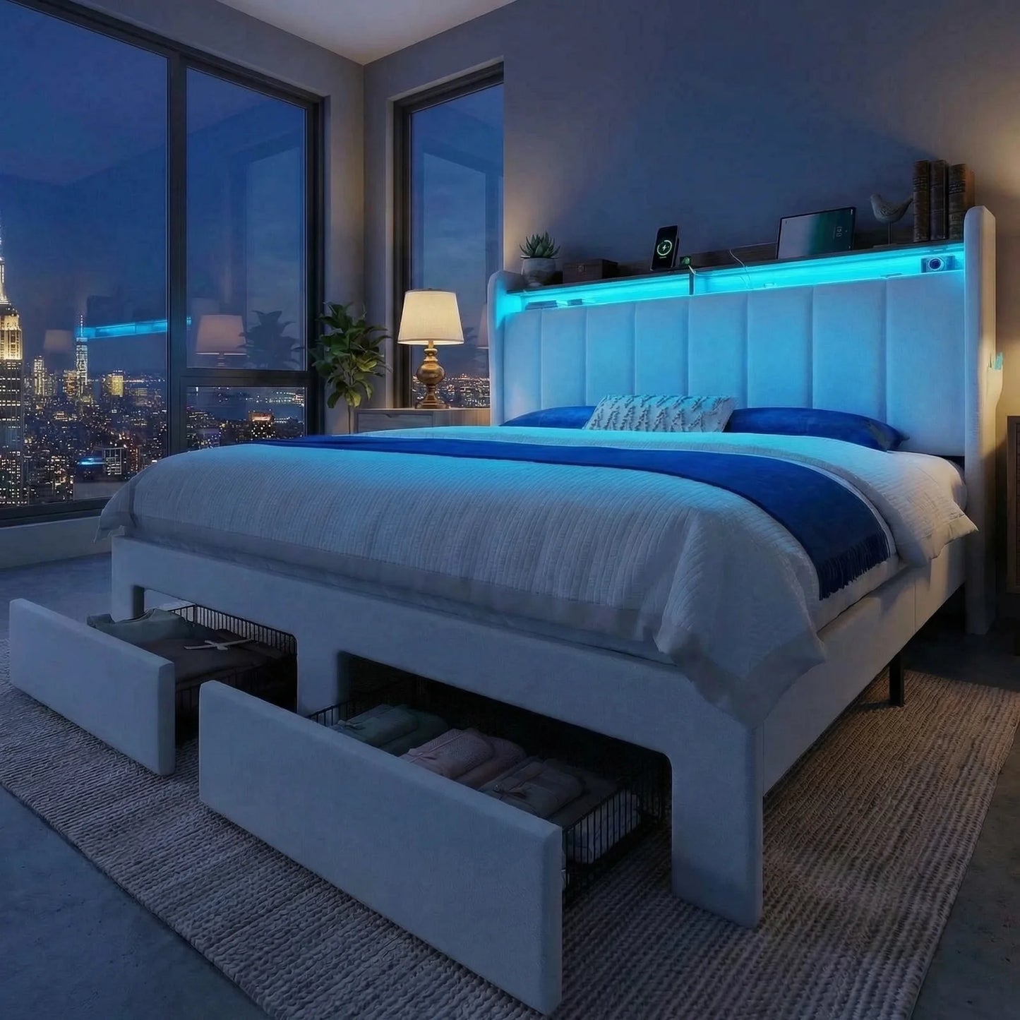 Beautiful Bed Frame, 2 Storage Drawers/2-Tier Shelves with LED Lights & Charging Station, No Box Spring Need, Full/Queen/King