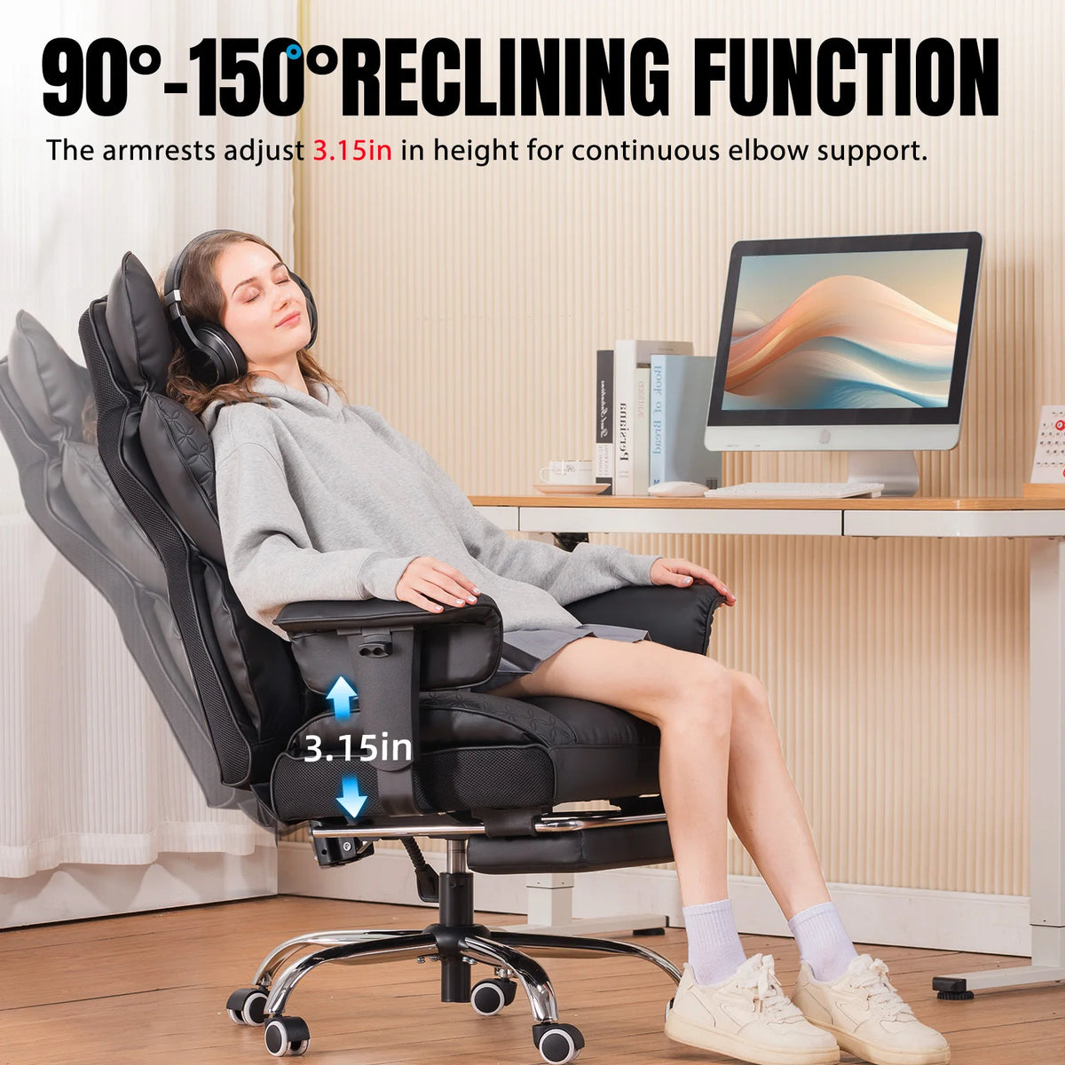 Ergonomic Leather High Back Office Chair Gaming Chair with Footrest, Adjustable Armrests