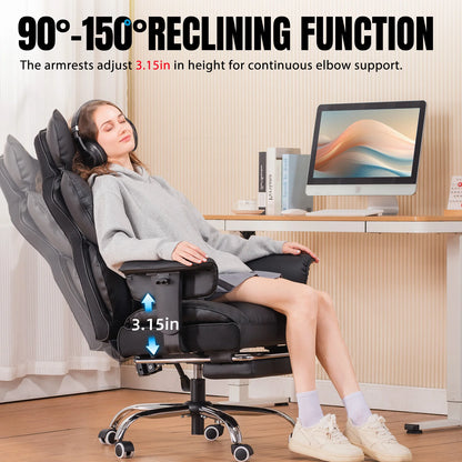 Ergonomic Leather High Back Office Chair Gaming Chair with Footrest, Adjustable Armrests