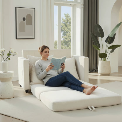 Beige Small Space 2‑in‑1 Loveseat Sleeper Sofa, Pull‑Out Fabric Sofa Bed, Vacuum Compressed No Assembly Couch with Sturdy Solid Wood Frame