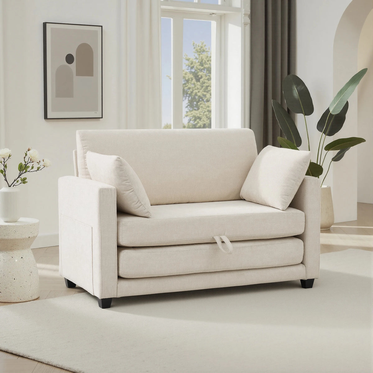 Beige Small Space 2‑in‑1 Loveseat Sleeper Sofa, Pull‑Out Fabric Sofa Bed, Vacuum Compressed No Assembly Couch with Sturdy Solid Wood Frame