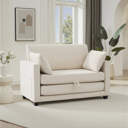 Beige Small Space 2‑in‑1 Loveseat Sleeper Sofa, Pull‑Out Fabric Sofa Bed, Vacuum Compressed No Assembly Couch with Sturdy Solid Wood Frame