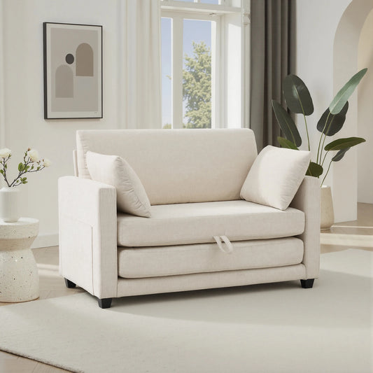 Beige Small Space 2‑in‑1 Loveseat Sleeper Sofa, Pull‑Out Fabric Sofa Bed, Vacuum Compressed No Assembly Couch with Sturdy Solid Wood Frame