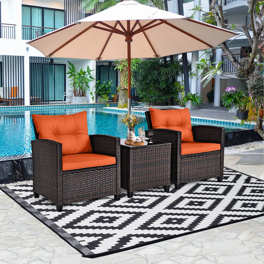 3 PCS Patio Rattan Furniture Set Cushioned  Set Orange