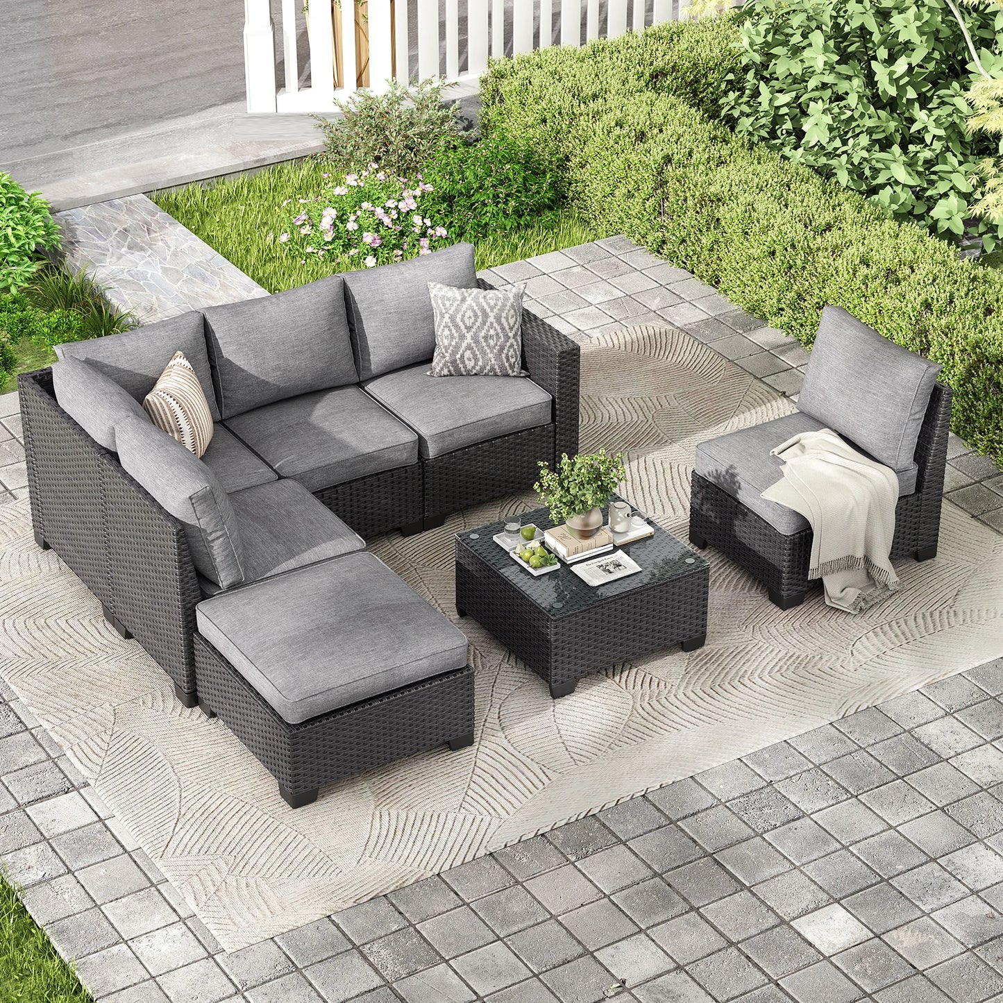 Patio Sectional Sofa Set, with Ottoman, Water/Oil/Stain-Resistant Fabric, Dark Gray Cushion + Gray Wick