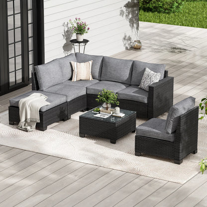 Patio Sectional Sofa Set, with Ottoman, Water/Oil/Stain-Resistant Fabric, Dark Gray Cushion + Gray Wick