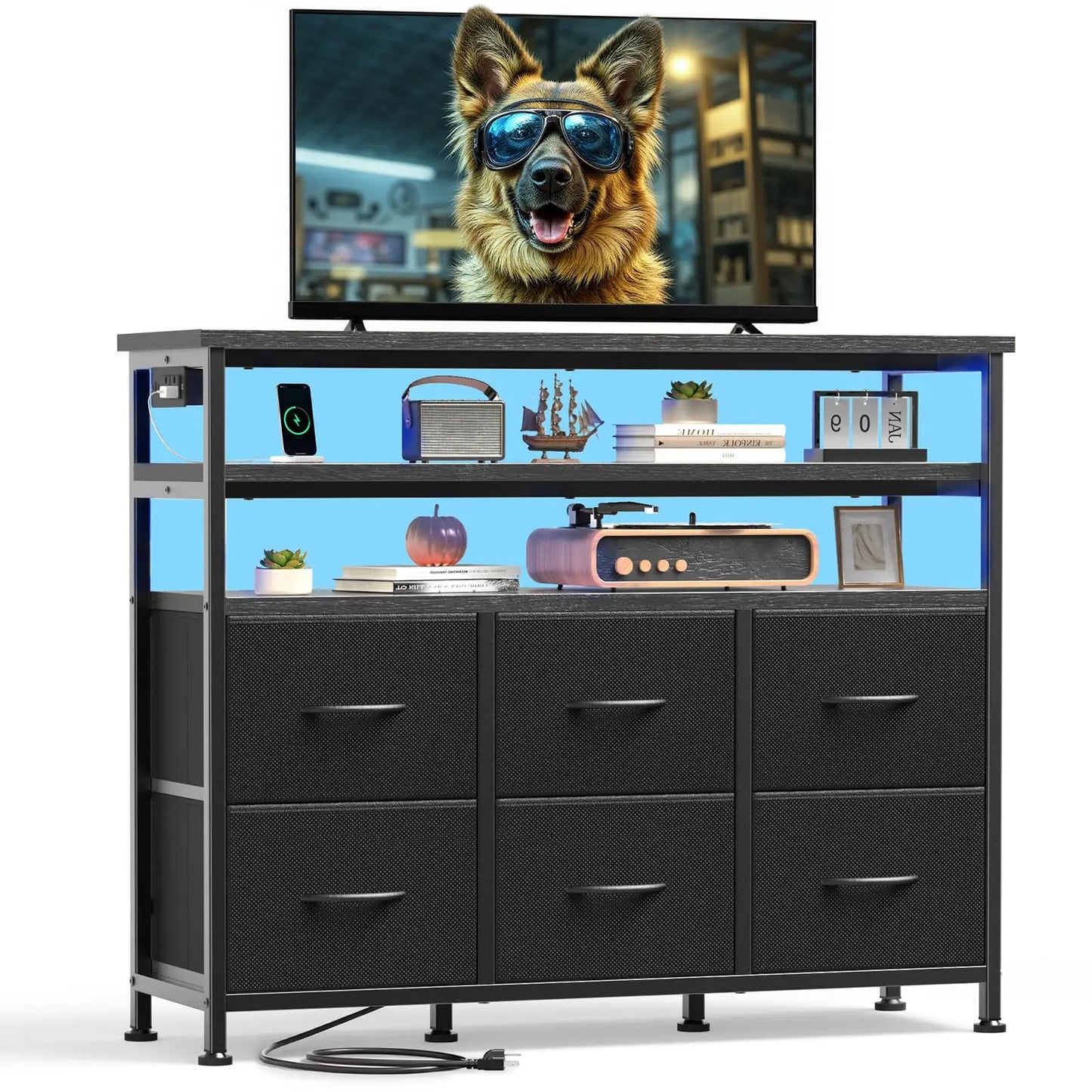 TV Stand Dresser For Living Room With 6 Fabric Drawers