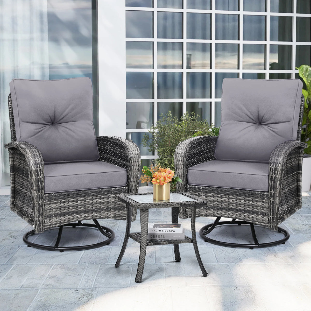 Swivel Wicker Chairs With Side Table Outdoor Patio Furniture Set Washable Thick Cushion For Balcony Deck Garden