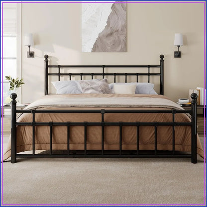 Metal Bed Frame King Size, Wrought Iron Headboard Footboard, 12" Underbed Space, No Box Spring