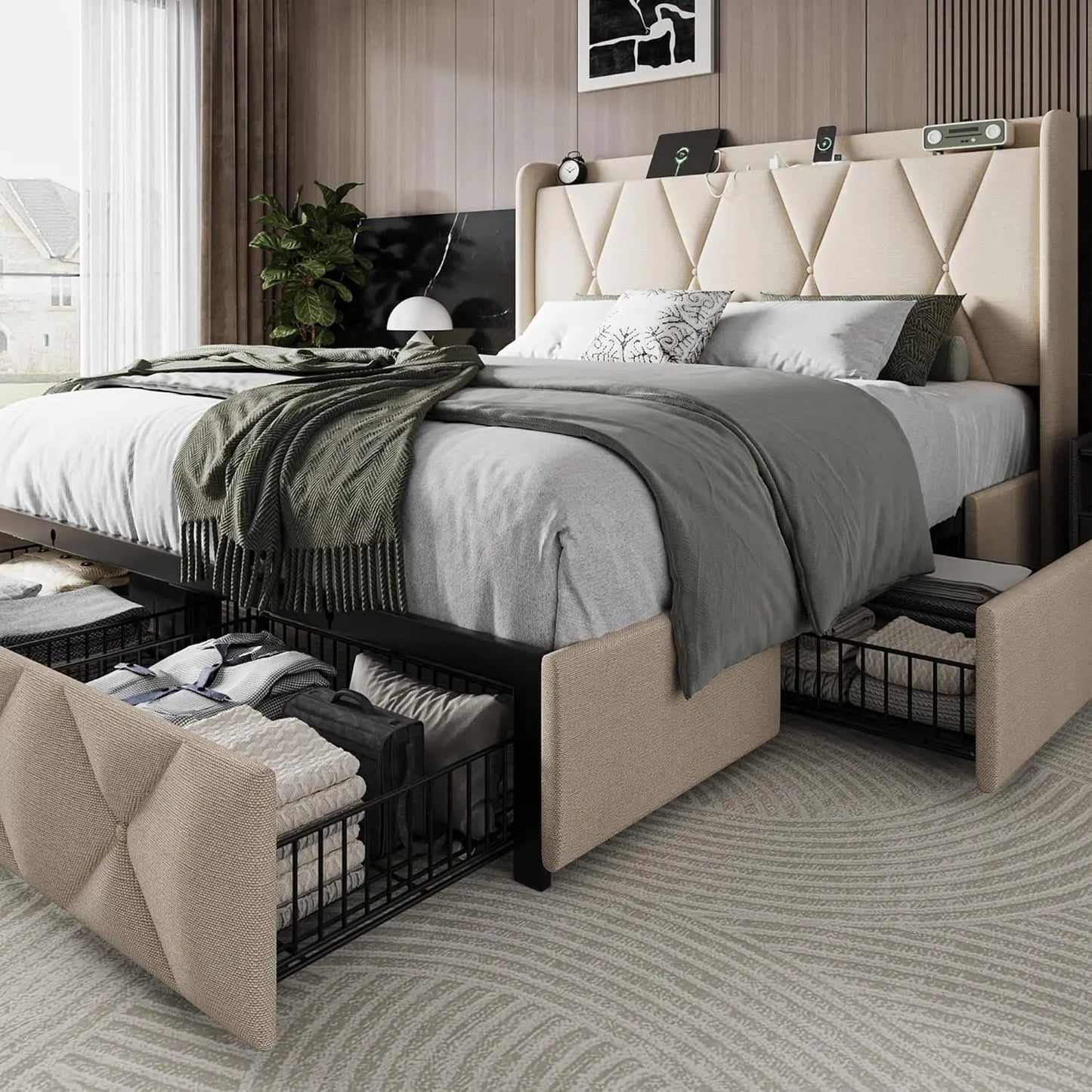 Upholstered Platform Bed Frame Frame with 4 Storage Drawers and Charging Station