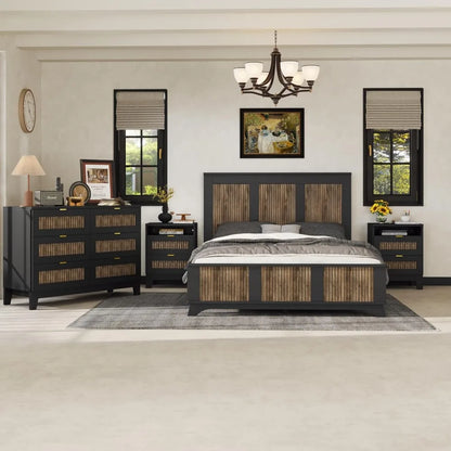 4 Piece Queen Bedroom Set, Queen Size Platform Bed with 2 Nightstands and Dresser,