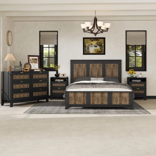 4 Piece Queen Bedroom Set, Queen Size Platform Bed with 2 Nightstands and Dresser,