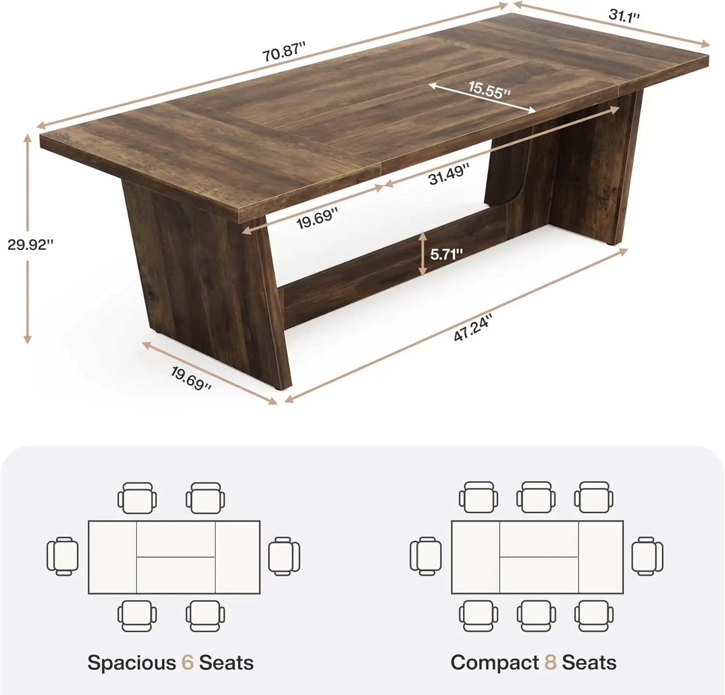 Rectangular Rustic Long  Farmhouse Kitchen Table with Solid Pedestal for Big Family