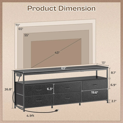 63 Inch LED TV Stand with Power Outlets, Fabric Drawers TV Stand