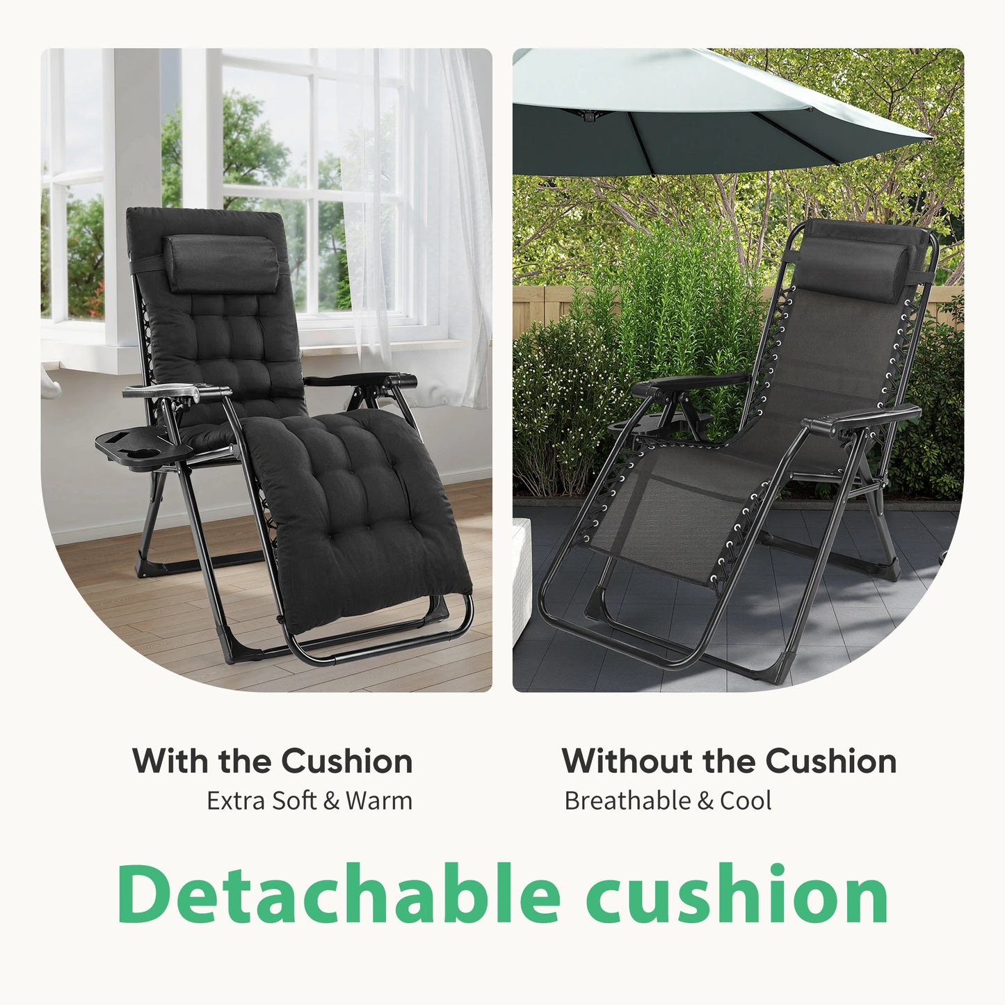 Zero Gravity Recliner or Camping Patio Lounge Chair  with Cup Holder Trays Removable Cushion For Outdoor Garden