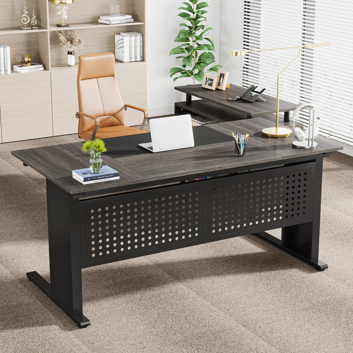 63 Inch Executive Large Office Desk L Shaped Computer Desk with Drawers and Storage Shelves