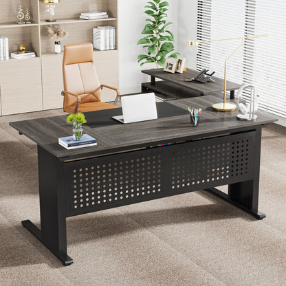 63 Inch Executive Large Office Desk L Shaped Computer Desk with Drawers and Storage Shelves