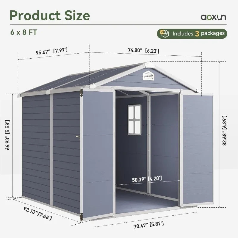 Aoxun 8 x 6 FT Outdoor Storage Shed with Window, Resin Shed with Floor & Lockable Doors, Garden Shed Waterproof Plastic Tool