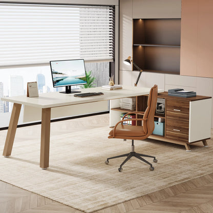 Large L-Shaped Office  Desk with 55-Inch Cabinet  Storage Shelves