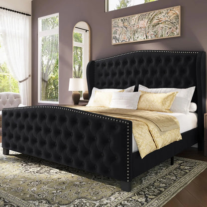 Velvet Tufted King  Size Bed Frame  with Wingback Headboard & Footboard,