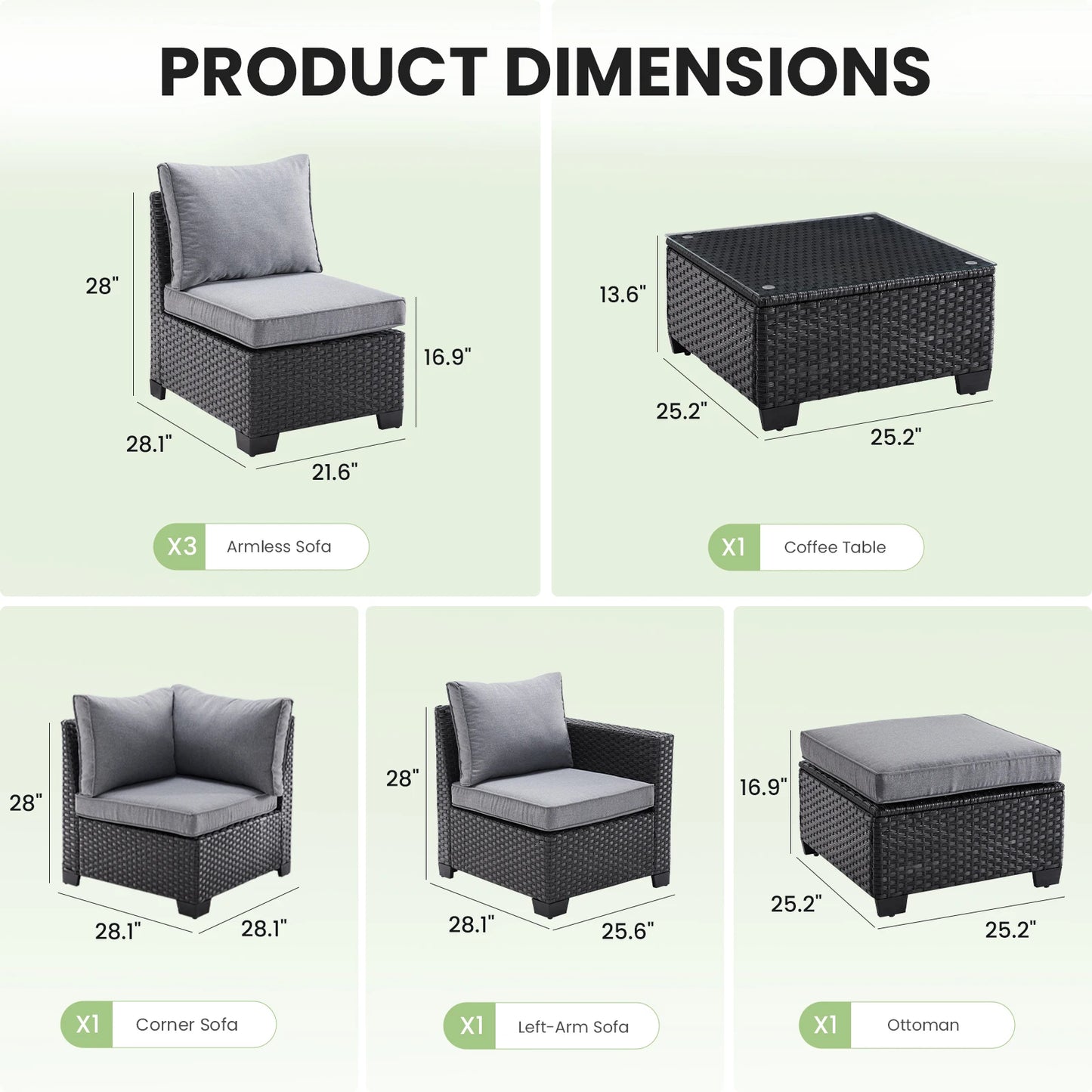 Patio Sectional Sofa Set, with Ottoman, Water/Oil/Stain-Resistant Fabric, Dark Gray Cushion + Gray Wick
