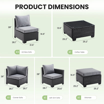 Patio Sectional Sofa Set, with Ottoman, Water/Oil/Stain-Resistant Fabric, Dark Gray Cushion + Gray Wick